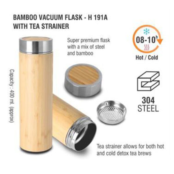 Bamboo Luxe 400ml Vacuum Flask | Eco-Friendly Insulated Bottle with Tea Strainer | 10H Hot & Cold Retention - Image 2