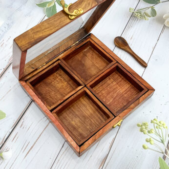 Square Wooden Spice Organizer with Transparent Lid and a Spoon