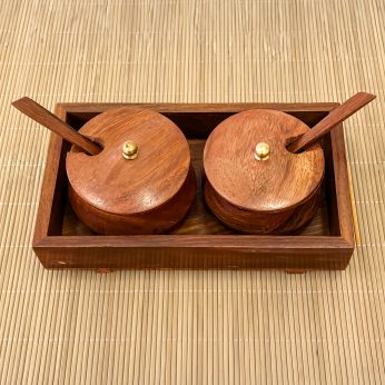 Rustic Wooden Spice Box – Dual Compartment with Lids & Spoons