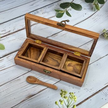 Stylish Wooden Spice Box with Three Compartment and a Clear Transparent Lid