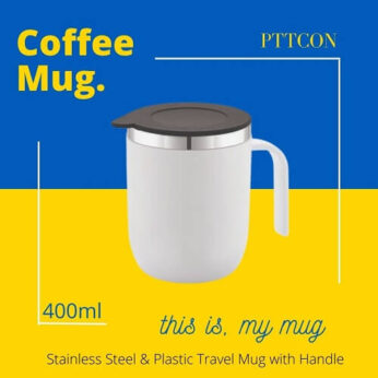 Coffee Mug – 400ML | White Stainless Steel & Plastic Travel Mug with Handle