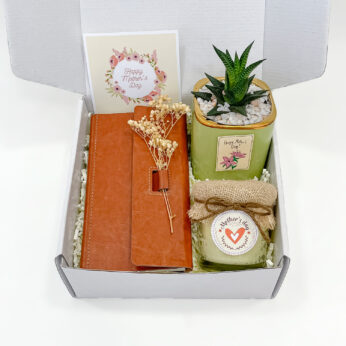 Mother’s Day Gift Box with Succulent Plant, Leather Diary, Scented Candle & Greeting Card
